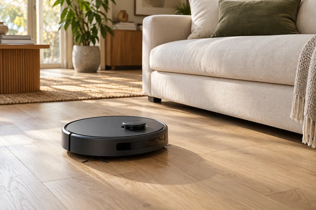 Unbranded robot vacuum on an oak floor beside a linen sofa