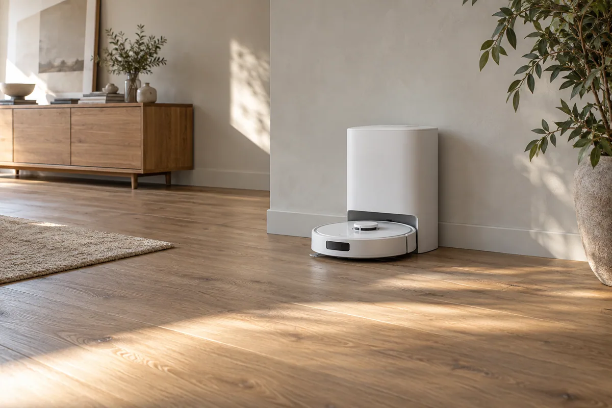 Unbranded robot and service station beside an open oak floor